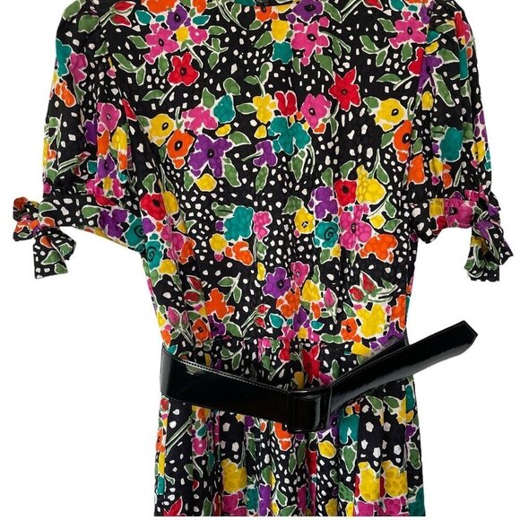 Oscar de la Renta Size 12 Silk Floral Pleated Midi Dress Belt Polka Dot Vintage - Picture 11 of 12